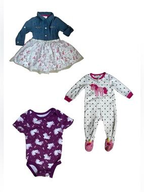 Baby Unicorn Bundle of 3 - Dress, Sleeper, Onesie Bodysuit - 12 month